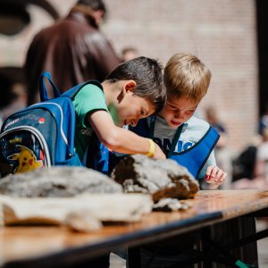 Twee jongens kijken naar een fossiel